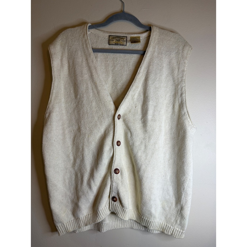 New River Co Vintage Cream Knit Cardigan Vest Mens Large Ramie Cotton V-Neck